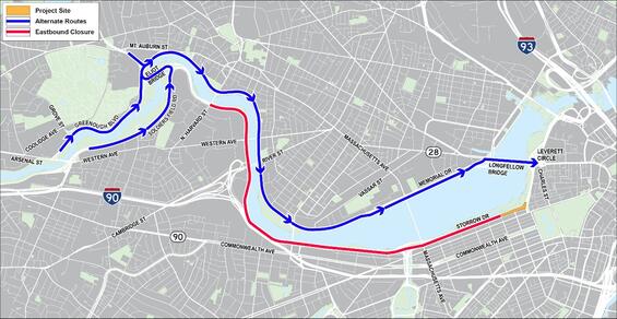 map showing detour routes during Storrow Drive tunnel eastbound closure