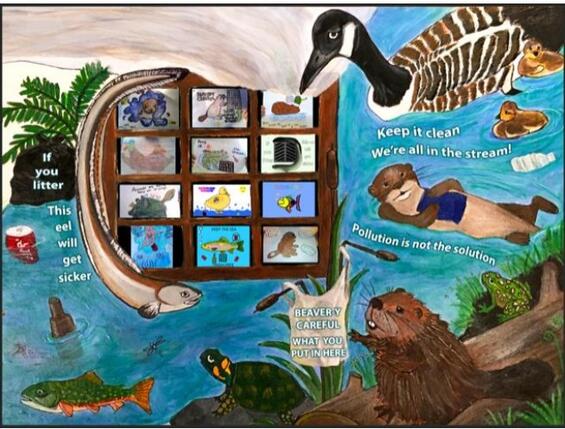 Storm drain pollution banner featuring a goose, an otter, a beaver, turtles, fish and an eel. 