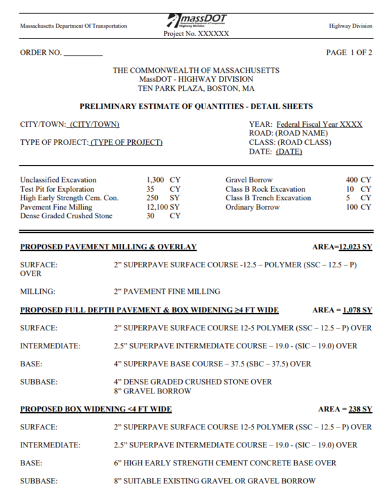 Quantity Detail Sheet form, showing quantities and calculations for various paving items.