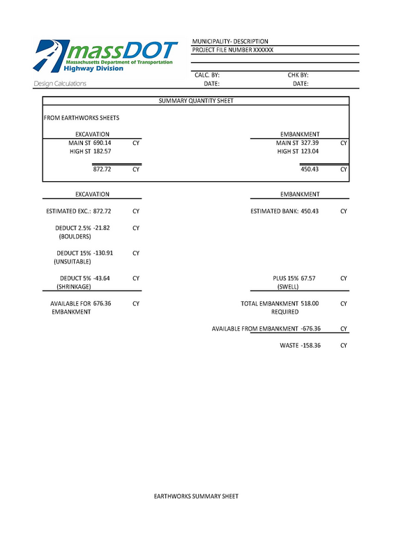 Sample calculation book entry showing a summary of earthworks quantities.