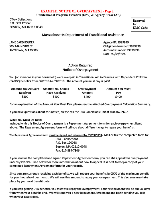 Example of a Notice of Overpayment that DTA would send. It includes the client's name, contact info, and details on the overpayment.
