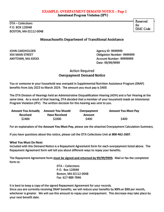 Example of an Overpayment Demand Notice that DTA would send. It includes the client's name, contact info, and details on the overpayment.