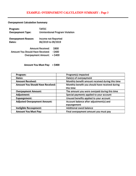 Example of an Overpayment Calculation Summary