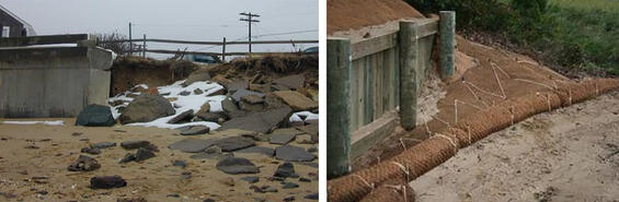 A seawall that ends abruptly and where it ends, the bank is slumped; a vertical wooden bulkhead surrounded by staked coir fiber blankets and coir rolls in front