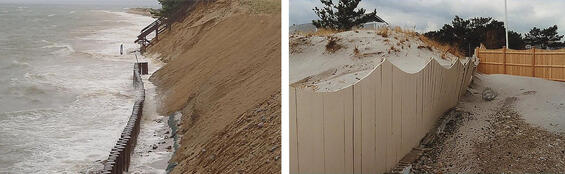 A continues row of solid posts at the base of a bank are flooded with ocean waves; a solid fence bending under the weight of sand retained on one side