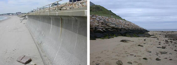 A closeup of a seawall with a curved face; a rock revetment with large rocks in a sloping formation