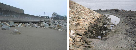 Concrete seawall with the base completely exposed with a gap underneath it; depression in front of a revetment filled with water