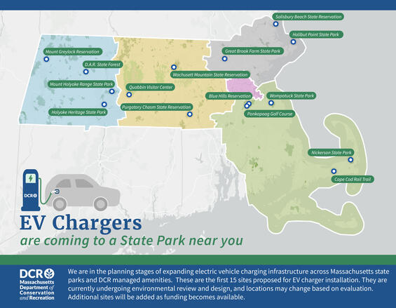 Map of Massachusetts with points indicating DCR-owned parking lots charger locations. Text available below 