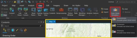 Screenshot of ArcGIS Pro's View ribbon, highlighting the Color Vision Simulator. More details in caption.
