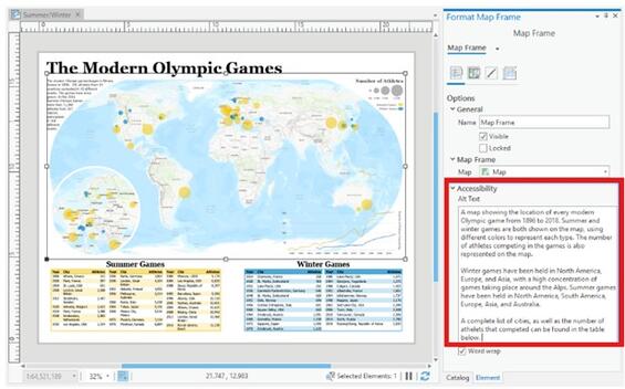 Example of a map layout in ArcGIS Pro with the map frame selected. More details in caption.
