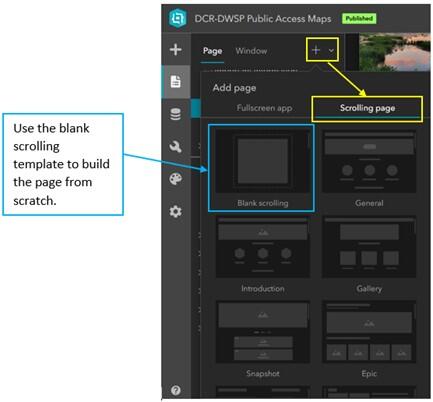 Screenshot of adding and locating scrolling pages within the designer. More details in caption.