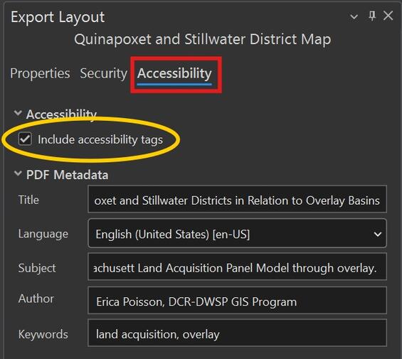 Screenshot of the Export dialog enabling accessibility tags. More details in caption.