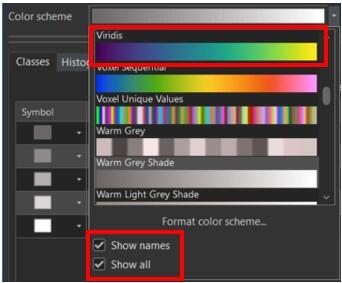 Screenshot of Esri colorblind-friendly color ramp options within ArcGIS Pro. More details in caption.