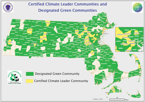 Map of Massachusetts showing Climate Leader Certified Communities (35) and Designated Green Communities (297)
