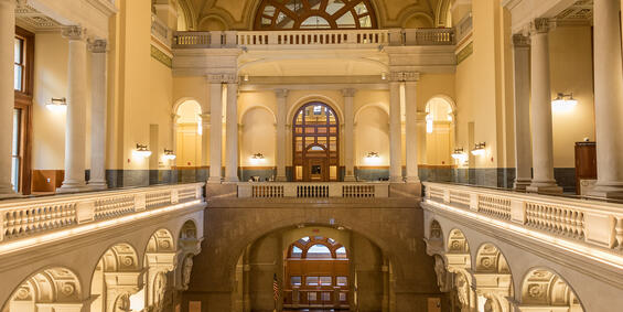 The interior center of the John Adams Courthouse, called the great hall 