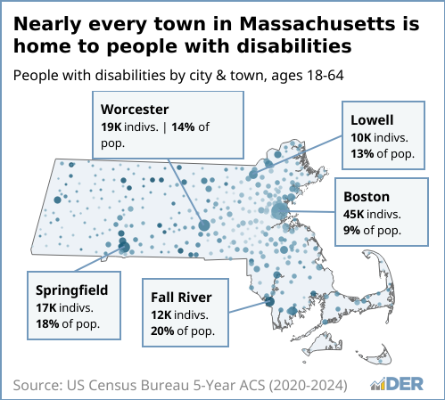 A map of Massachusetts highlighting the areas of the State that are a home to people with disabilities. 