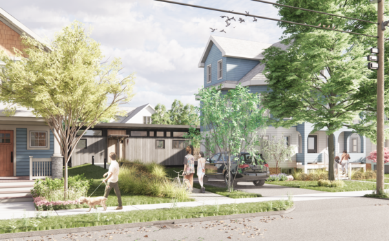 An artistic rendering showing an accessory dwelling unit sandwiched between two homes on a quiet tree-lined street.