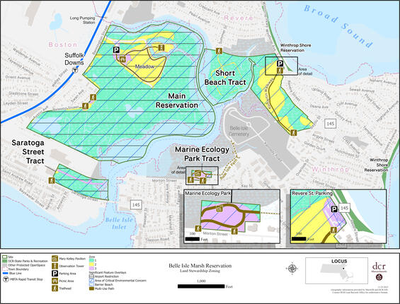 Land stewardship Zoning Map for Belle Isle Marsh Reservation. Detailed information is provided in the Applied Land Stewardship Zoning text