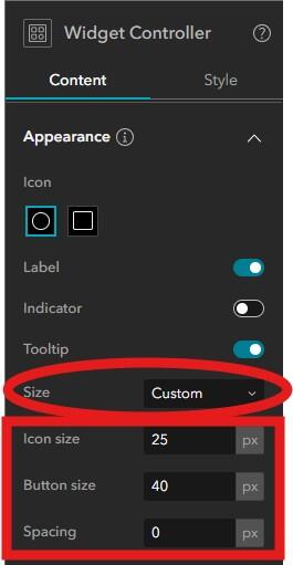 Annotated screenshot of the widget controller settings indicating where to customize icon sizing. More details in caption.