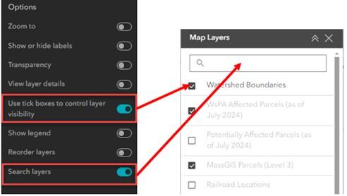 Screenshot of enabled options in the Map Layers widget. More details in caption.