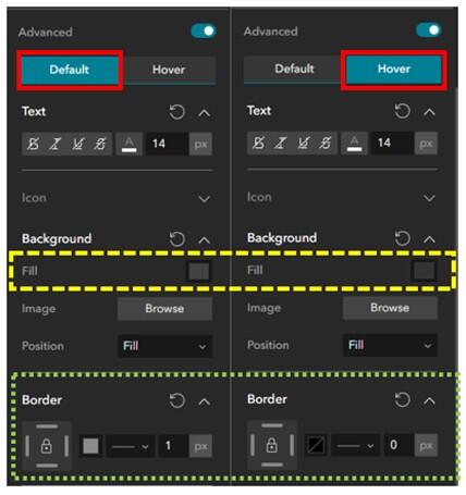 Screenshot of the settings to distinguish a button's default appearance from its hover appearance. More details in caption.