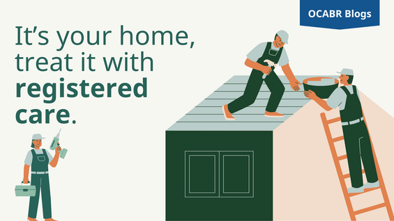 Three home improvement contractors in overalls repairing a roof, one on top and one climbing a ladder, and one holding a drill and toolbox.