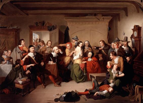 Oil painting of a crowded courtroom, people are pointing at each other, some have fainted