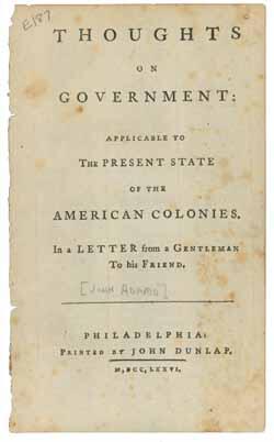 Antiqued front cover page of "Thoughts on Government" by John Adams
