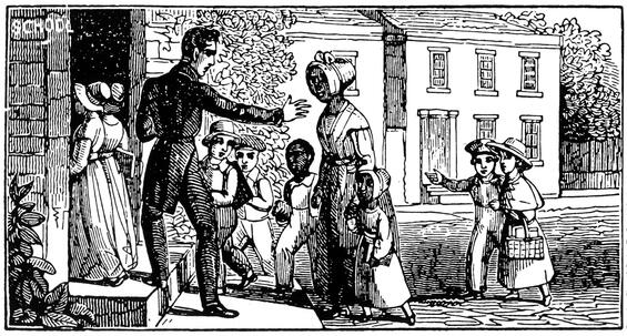Engraving of an authority figured turning Sarah Roberts away from school due to segregation
