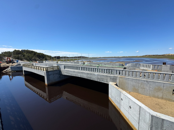 View of the new bridge, looking downstream at the mouth of the Herring River along Chequessett Neck Road, Wellfleet.