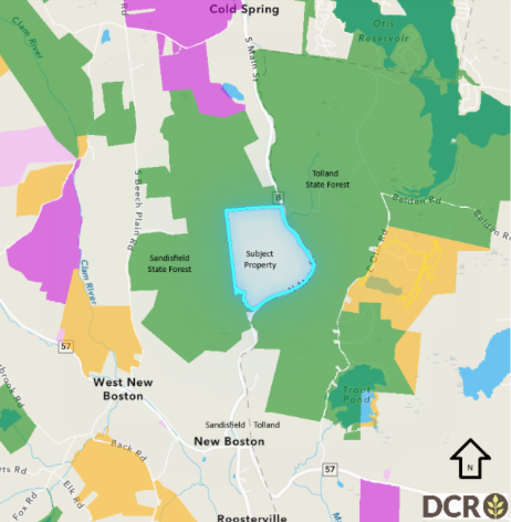 map highligting land acquisition in Sandisfield