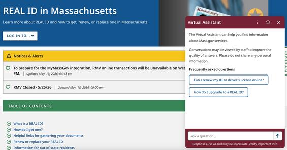 Screen grab of the virtual assistant on a REAL ID Mass.gov page