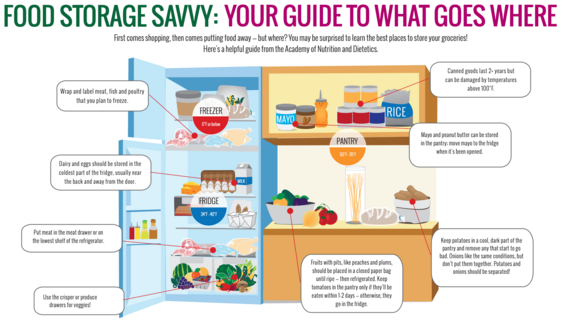 Food storage infographic showing recommended refrigerator, freezer, and pantry locations for common foods.