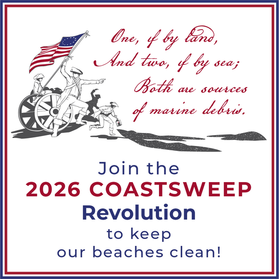 Revolutionary war character illustration with text about being part of the 2026 Coastsweep Revolution to keep our beaches clean!