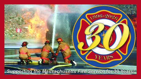 Firefighters fighting a gas fire at the Massachusetts Firefighting Academy with the DFS logo and text "supporting the Massachusetts fire service for 30 years"