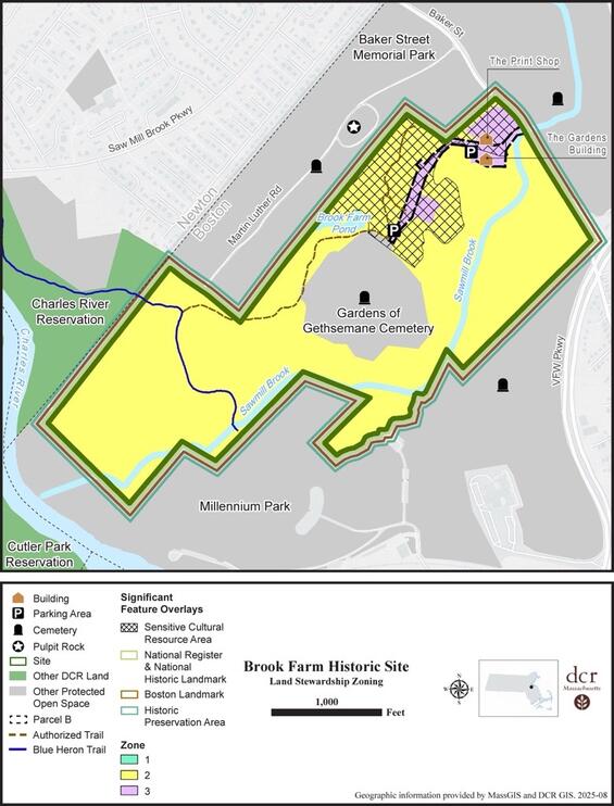 Land stewardship Zoning Map for Brook Farm Historic Site. Detailed information is provided in the Applied Land Stewardship Zoning text.