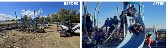 Constitution Beach Playground under construction (before) and children enjoying the completed playground (after)