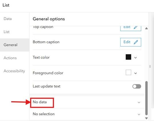 Screenshot of where to find the "No data" tab within the general options of the list element.