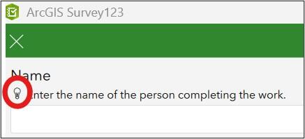Screenshot of question in Survey123 Field App highlighting the guidance hint's lightbulb button. More details in caption.
