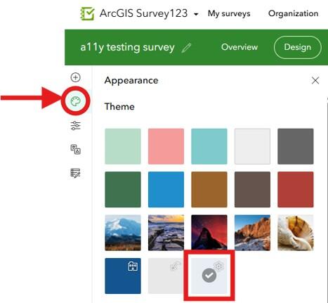 Screenshot of how to create a custom theme in Survey123 web designer. More details in caption.