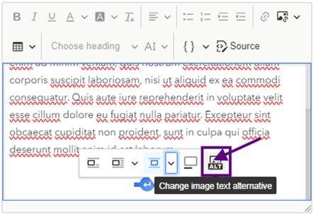 Screenshot of the Alt text button in the rich text editor. More details in caption.