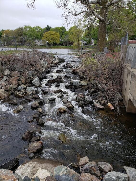 A spillway next to a pond.