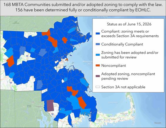 Map showing the MBTA Communities compliance status of cities and towns