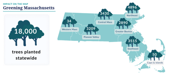 18,000 trees were planted across the state, mapped by region.