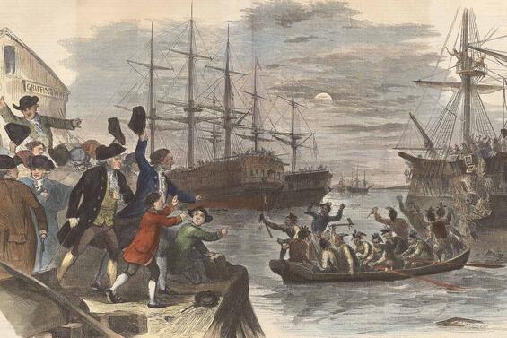 Historical illustration depicts the Boston Tea Party, showing colonists in small boats dumping tea chests into the harbor near large sailing ships