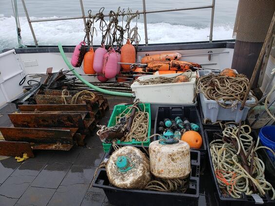 Acoustic receivers on a vessel ready for deployment.