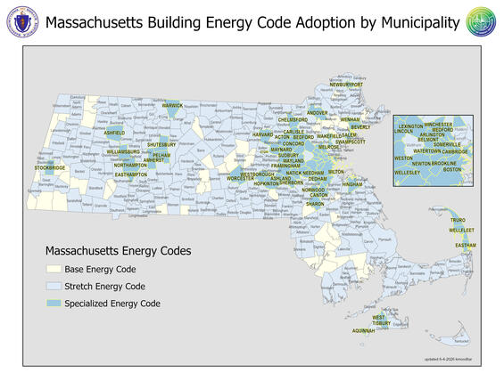 Map of Massachusetts municipal building energy code adoption as of June 2026