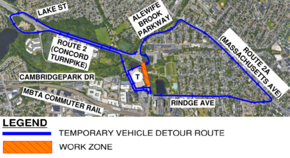 Aerial view of temporary Weekend Overnight Vehicle Detour Route