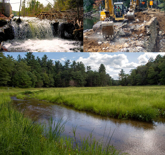a dam on hamant brook, construction machinery on the dam, and restored stream after dam removal