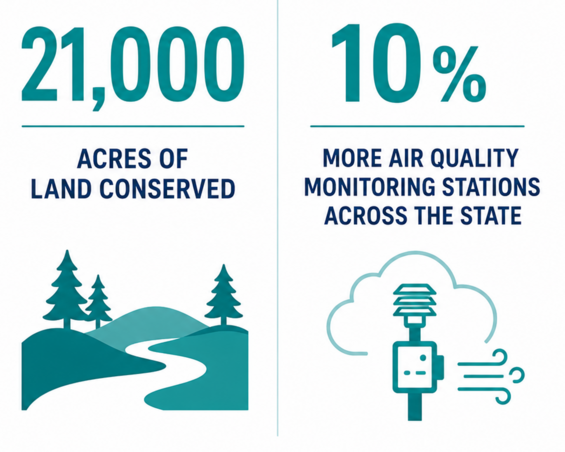 21,000 acres of land conserved 10% more air quality monitoring stations across the state